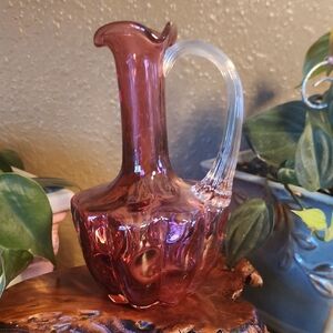 Fenton Cranberry Cruet Glass Pitcher with Clear Handle EUC